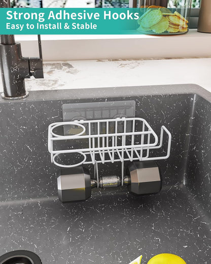 HapiRm 4 in 1 Kitchen Organizers and Storage, SUS304 Stainless Steel Brush Holder + Dish Cloth Hanger + Soap Rack + Sink Stopper Rack, No Drill Kitchen Essentials - Black