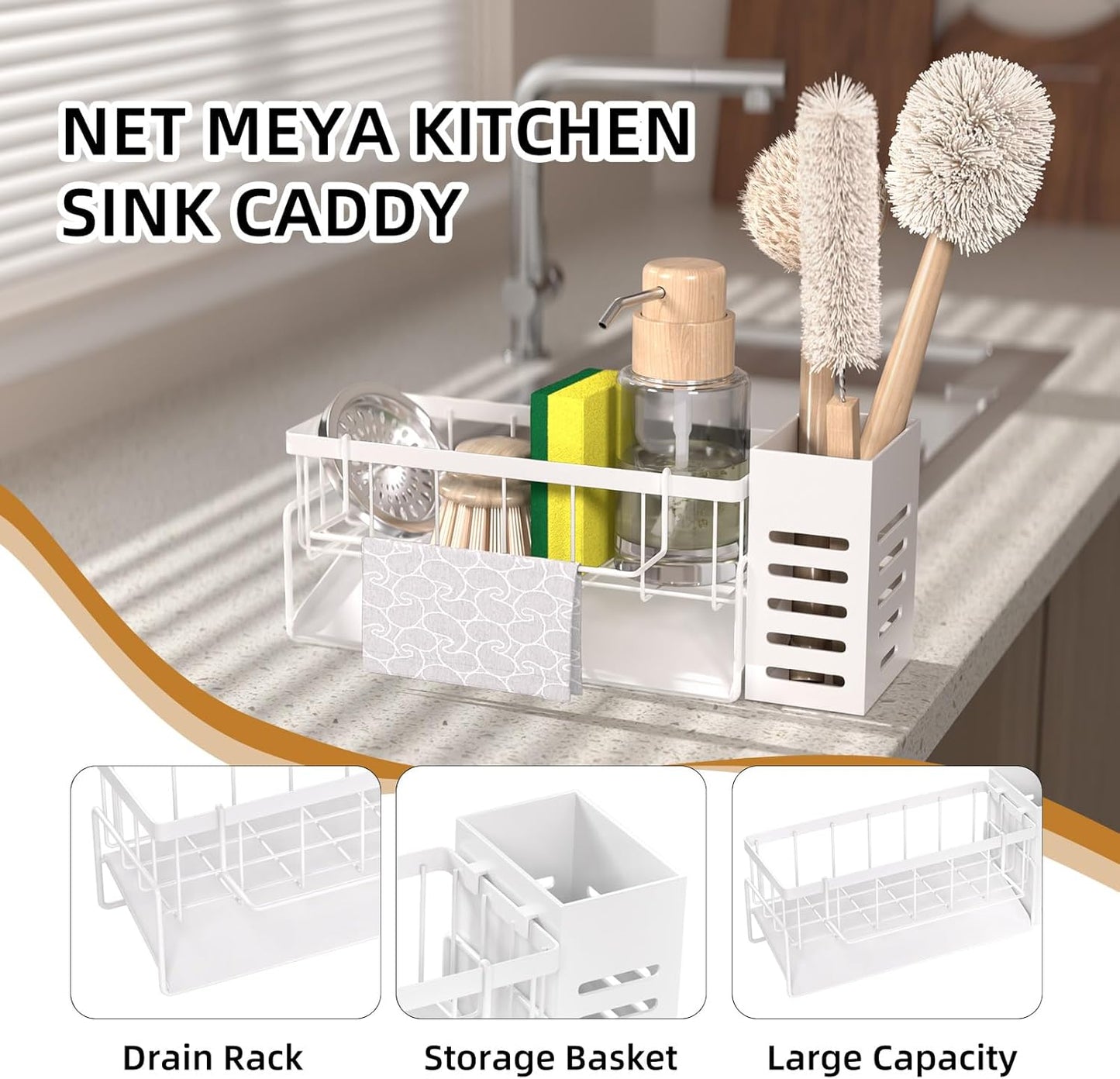 Kitchen Caddy Sink Organizer,Sponge Holder for Kitchen Sink,Dish Soap Dispenser,Kitchen Sink Accessories Countertop Organizer,Stainless Steel Sink Sponge Caddy Over the Sink Shelf