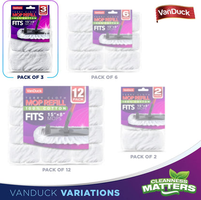 VanDuck 100% Cotton Terry Mop Pads 15x8 Inches 3-Pack, Terry Cloth Mop Covers (Handle is Not Included)