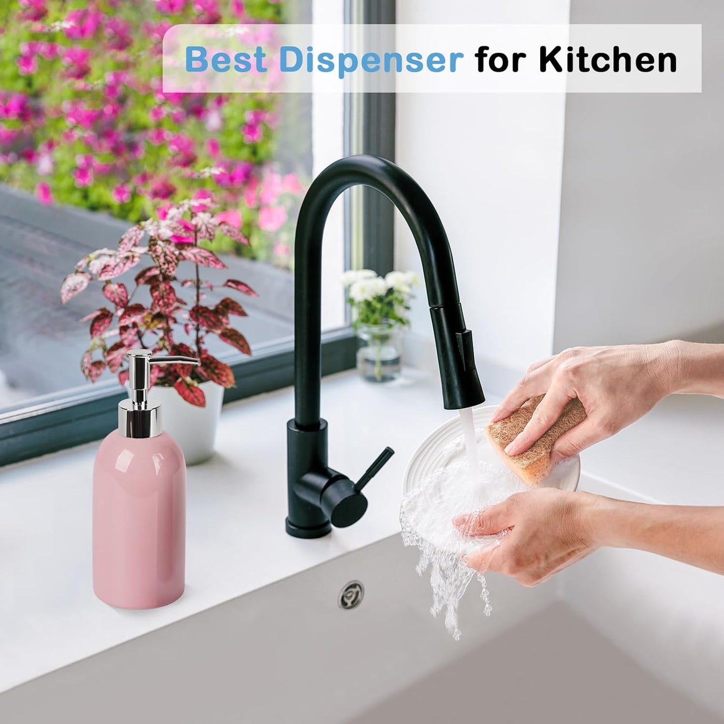 Natheeph Dish Soap Dispenser, Hand Soap Dispenser Ceramic Bottle, Refillable Liquid Great for Kitchen Dish Soap, Hand Soap, Essential Oil & Lotion (Bright White)