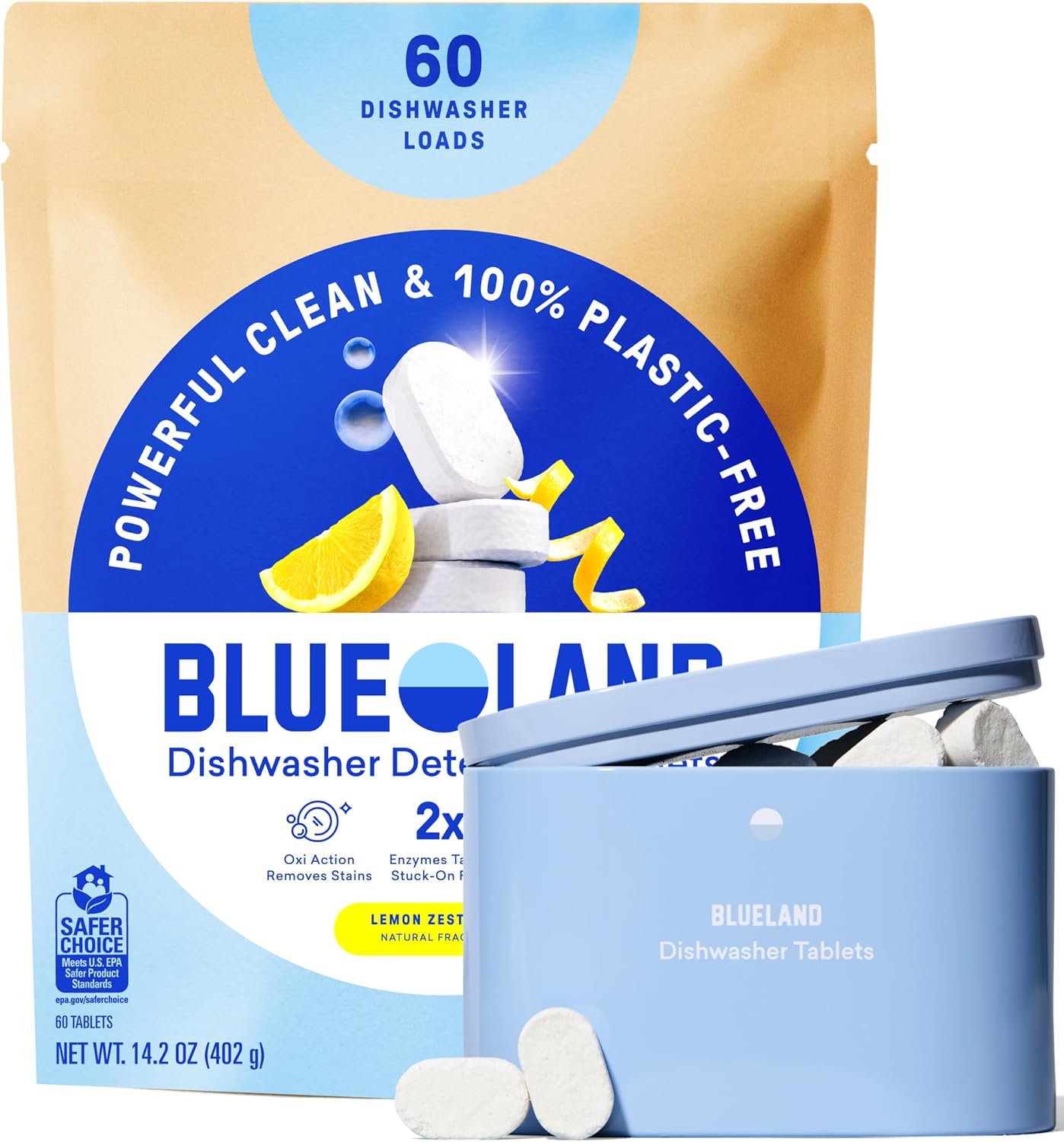 BLUELAND 100% Plastic-Free Dishwasher Detergent Tablets, 60 Count, Lemon Zest Scent, Eco Friendly Dishwashing Pods, Natural, USDA Certified biobased