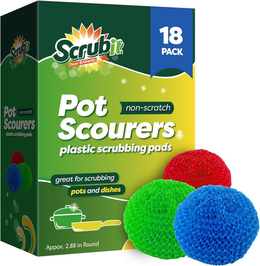 SCRUBIT 18 Round Nylon Dish Scrubber Scouring Pads - Assorted Colors Scourer Pads - Tough and Durable - Non-Scratch for Non-Stick Cookware