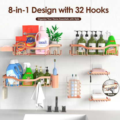 NESOMI Shower Caddy Adhesive Shower Organizer 7-Pack, Rustproof Stainless Steel Bathroom Shelves, Large Capacity No-Drill Rack Storage Accessories with Soap Dish Toothbrush Holder &24 Hooks Home Decor