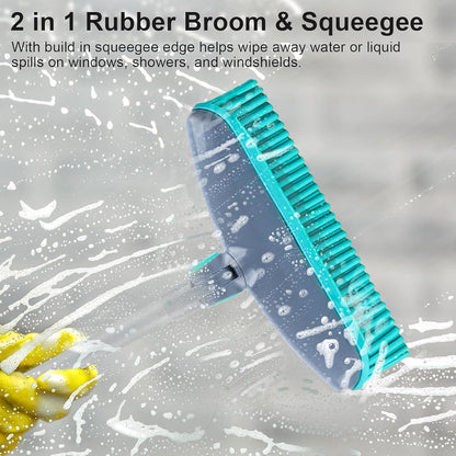 180°Rotating Head Rubber Broom with Squeegee for Pet Hair Removal - 51" Iron Handle Fur Remover Rake Brush for Carpet, Hardwood & Tile Floors, Includes Pet Hair Removal Gloves (Blue)