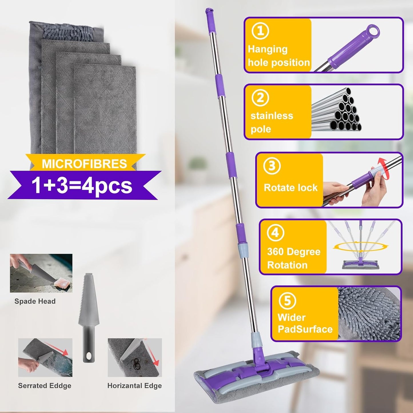 Microfiber Mops for Floor Cleaning ,Wet Dry Flat Mop with Stainless Steel Telescopic Handle,4 Reusable Mop Pads , Dust Mop for Hardwood Floors ,Home,Laminate,Tile,Hardwoods Cleaning (Purple)