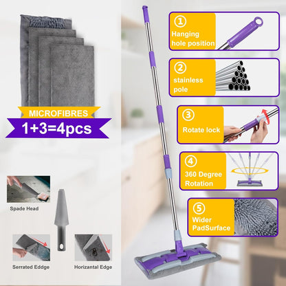 Microfiber Mops for Floor Cleaning ,Wet Dry Flat Mop with Stainless Steel Telescopic Handle,4 Reusable Mop Pads , Dust Mop for Hardwood Floors ,Home,Laminate,Tile,Hardwoods Cleaning (Purple)