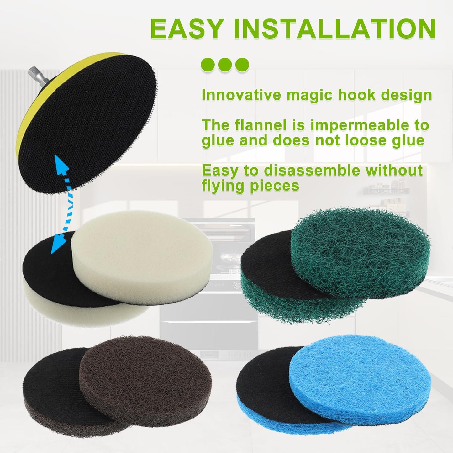 16pcs Kitchen Pads Power Scrubber Pads Set Electric Scrubber Replacement Scouring Pads fit for Dremel Versa Scouring Pads,Green