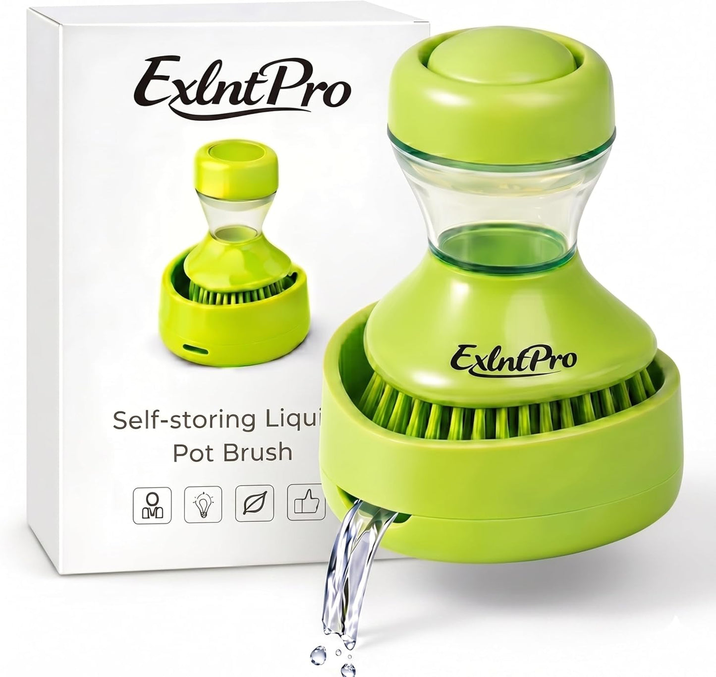 ExlntPro-Dish Brush with Soap Dispenser, Kitchen Scrub Brush with Holder & Drain Tray, Refillable Soap Dispensing Dish Scrubber for Pots, Pans & Sink Cleaning