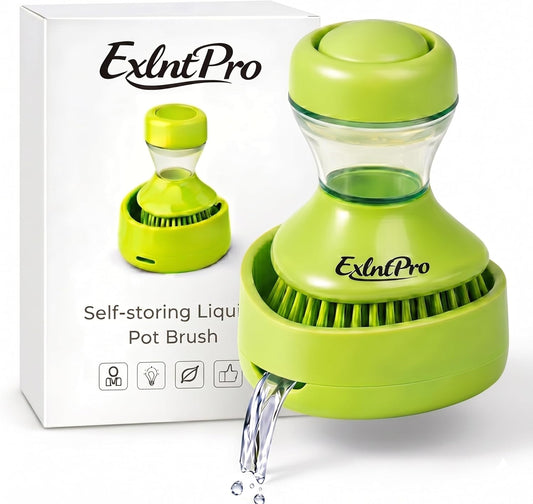 ExlntPro-Dish Brush with Soap Dispenser, Kitchen Scrub Brush with Holder & Drain Tray, Refillable Soap Dispensing Dish Scrubber for Pots, Pans & Sink Cleaning