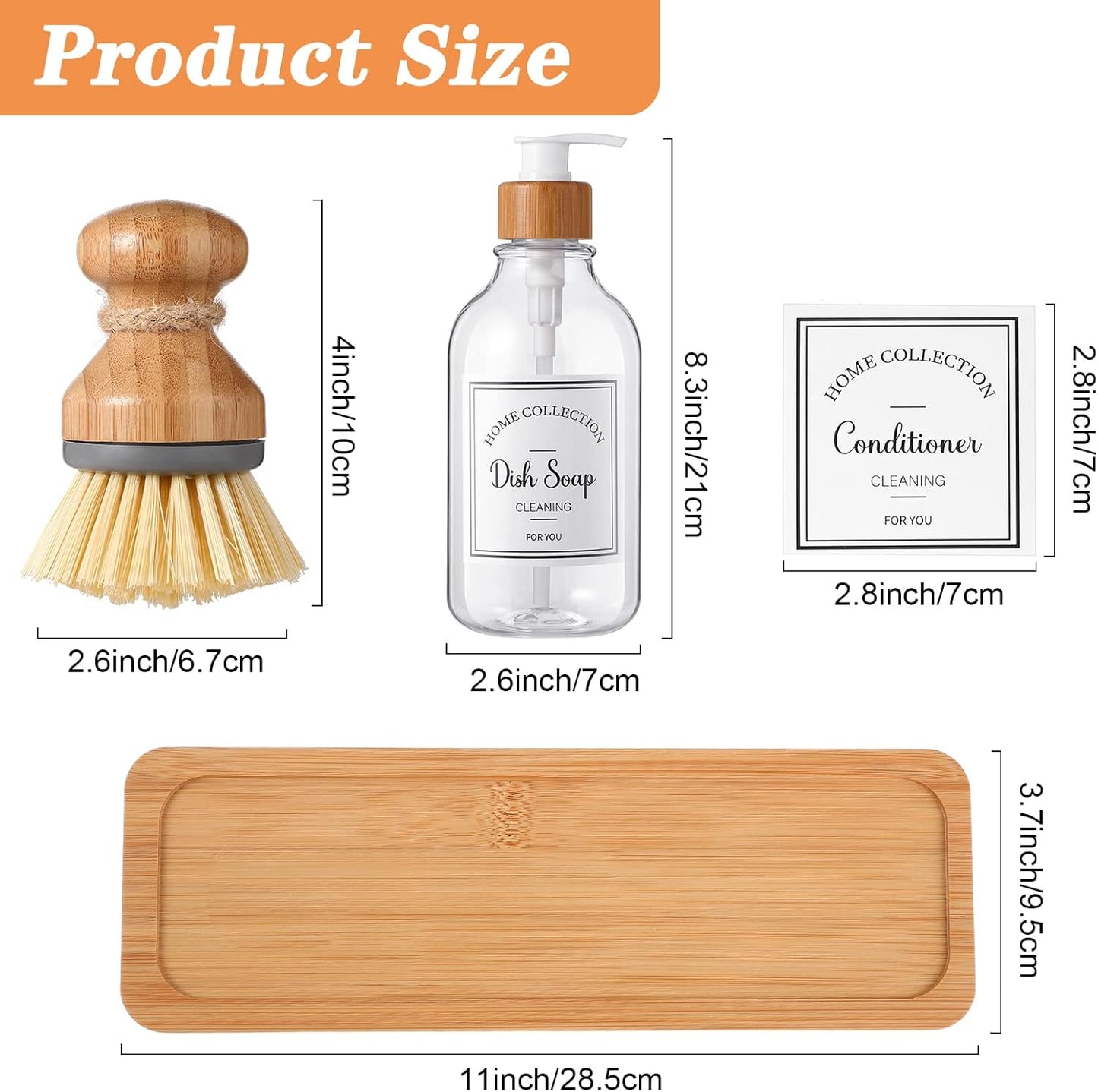 Zopeal 4 Pcs 16 oz Kitchen Soap Dispenser Set with Bamboo Tray and Dish Brush Plastic Soap Dispenser Set with Waterproof Labels for Hand Dish Lotion(Frosted Black)