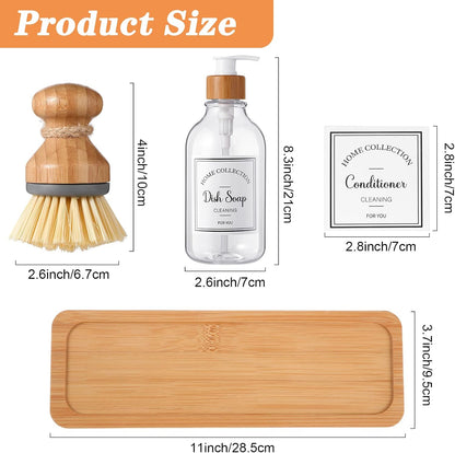 Zopeal 4 Pcs 16 oz Kitchen Soap Dispenser Set with Bamboo Tray and Dish Brush Plastic Soap Dispenser Set with Waterproof Labels for Hand Dish Lotion(Frosted Black)