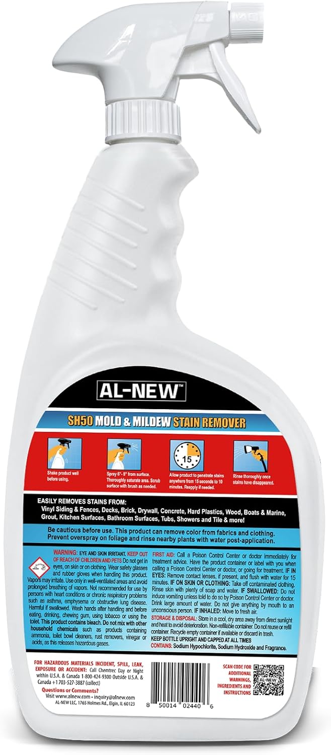 AL-NEW SH50 Mold and Mildew Stain Remover | Scrub Free Formula | Works Great on Decks, Vinyl Siding & Gutters, Tub and Tile (30oz Bottle)