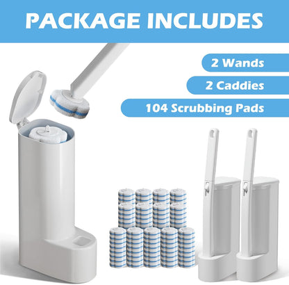 Disposable Toilet Brush Cleaning System, 2pcs Wands with 104pcs Replacement Heads,Stick for Toilet Cleaning,Wands with Refills Pads,Wall Mounted Toliet Wand for Bathroom,Toilet Brush and Holder