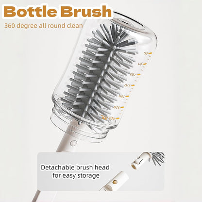 6-in-1 Baby Bottle Brush Set with Nipple Brush, Silicone Bottle Brush,Straw Brush, Soap Dispenser, Drying Rack, Portable Travel Cleaning Kit for Newborn Care with Baby Essential