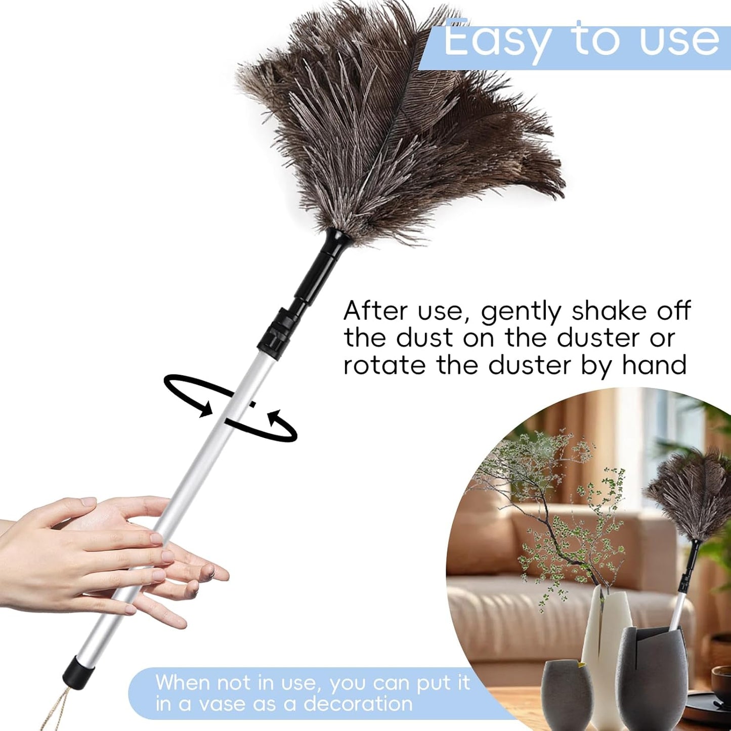 THARAHT Extendable Ostrich Feather Duster up to 27-94 inches Fluffy Feathers Long Handle Reusable for Cleaning Ceiling Fan Pendant lamp High Ceiling Blinds Furniture Feather Duster