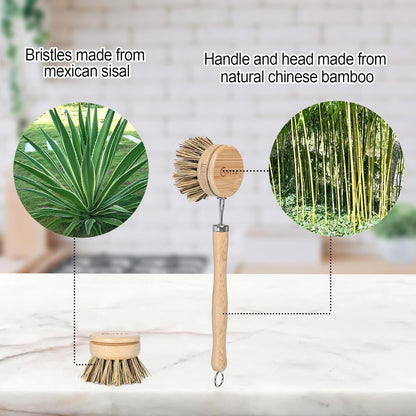 Bamboo Dish Brush with Handle - Soft Bristle, Non Toxic Dish Scrubber Compostable & Sustainable Bamboo Scrub Brush for Dishes, Pots and Pans