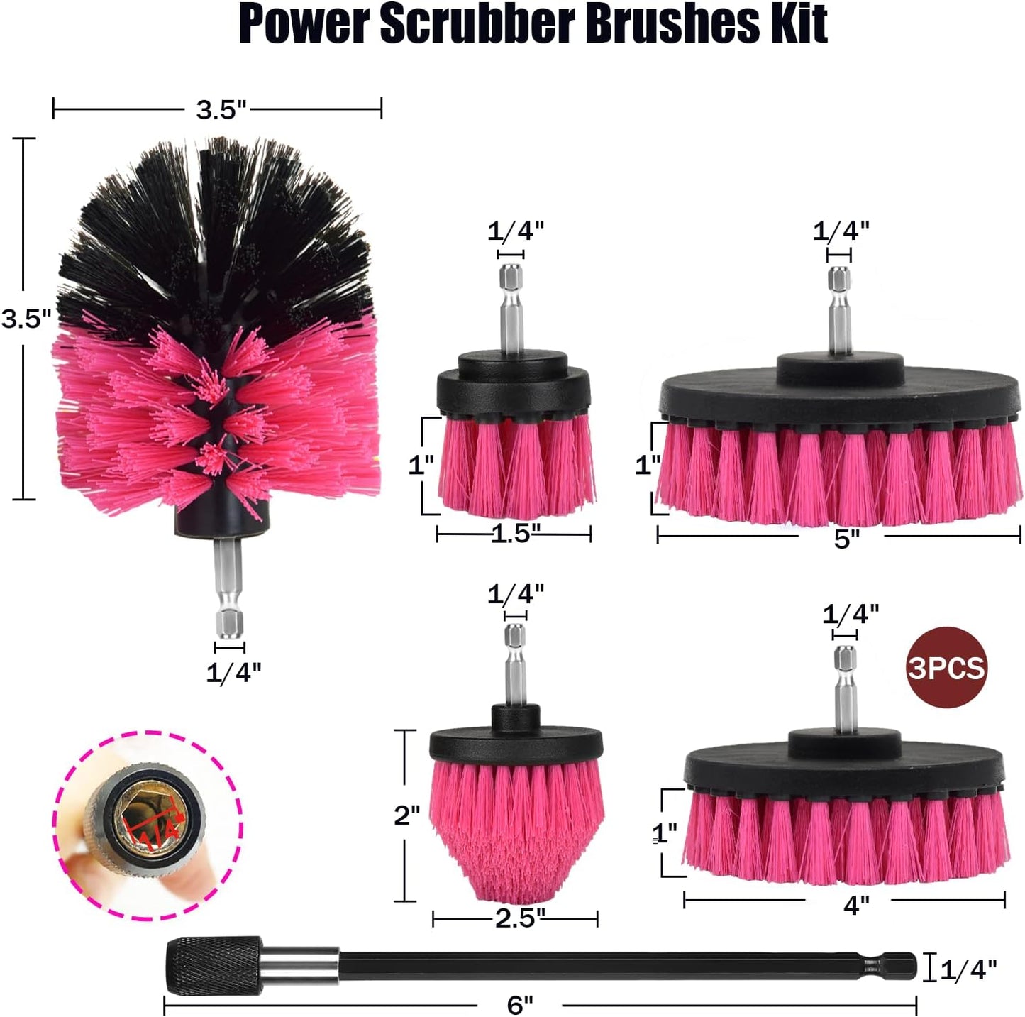 8 Pack Drill Brush Attachment Set,1/4in Power Scrubber Brush + Extend Long Rod, Power Cleaning Scrub Brush for Bathroom, Tub, Tile, Floor, Grout, Boat(White)