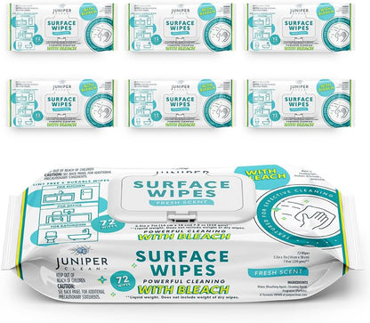 Juniper CLEAN 3 Pack Surface Cleaning Wipes with Bleach, All-Purpose Cleaner for Bathroom, Kitchen, Office, 216 Count Soft Flow, Fresh Scent, Lint Free & Durable