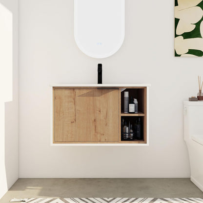 SSLine Modern 24-Inch Bathroom Vanity with Sink Wall Mounted Bathroom Vanity with Top Basin & Storage Cabinet White Wood Floating Vanity w/Ceramic Sink & Gold/Black Handles for Small Space