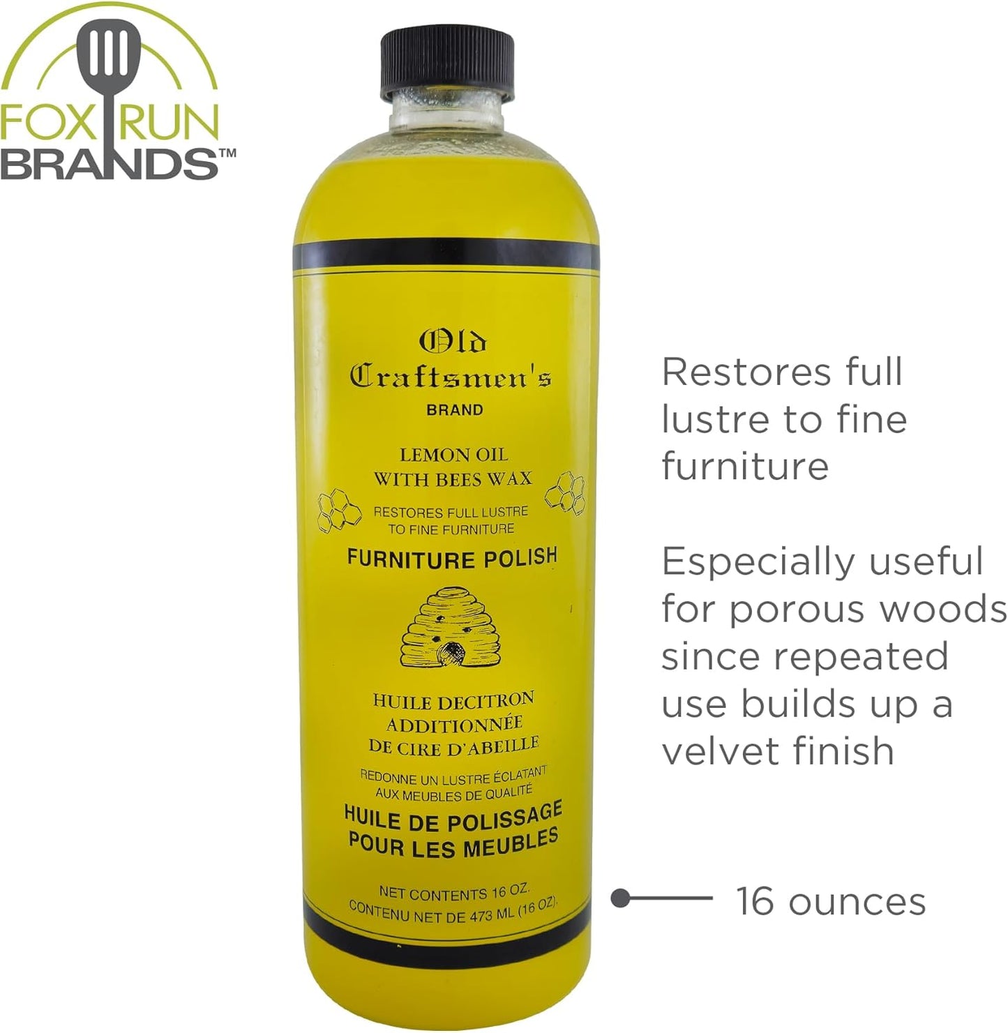 Fox Run Lemon Oil With Beeswax Furniture Polish and Conditioner, 16 ounces, Made in the USA