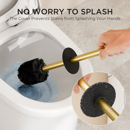 FORIOUS Toilet Brush and Holder Set, Heavy Duty 304 Stainless Steel Base Square and Long Handle for Bathroom Deep Cleaning, Drip-Proof, Space Saving for Storage, 2 Toilet Bowl Brush Head, Black