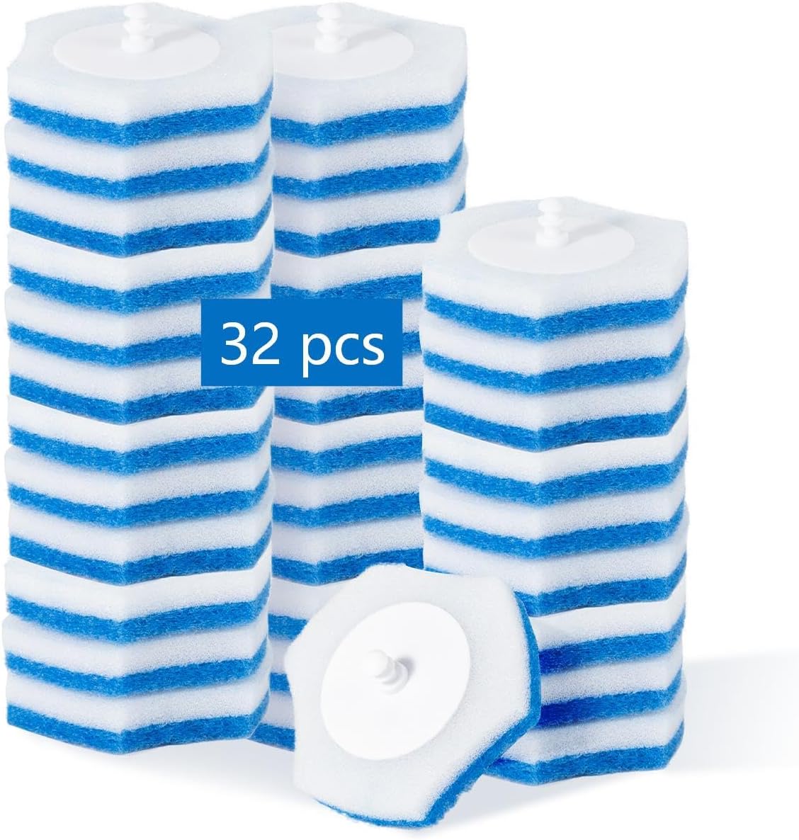 Disposable Toilet Brush Set with Holder, White and Blue, Includes 16 Cleaning Refills (1+16 Refills)