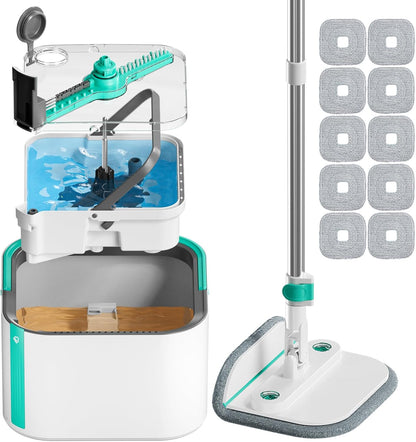 Upgraded Spin Mop and Bucket Self-Standing Mop Bucket Separate Dirty and Clean Water System Self Wringing 360° Rotating Clean Mop and Bucket Set with14Pads Mop-Blue