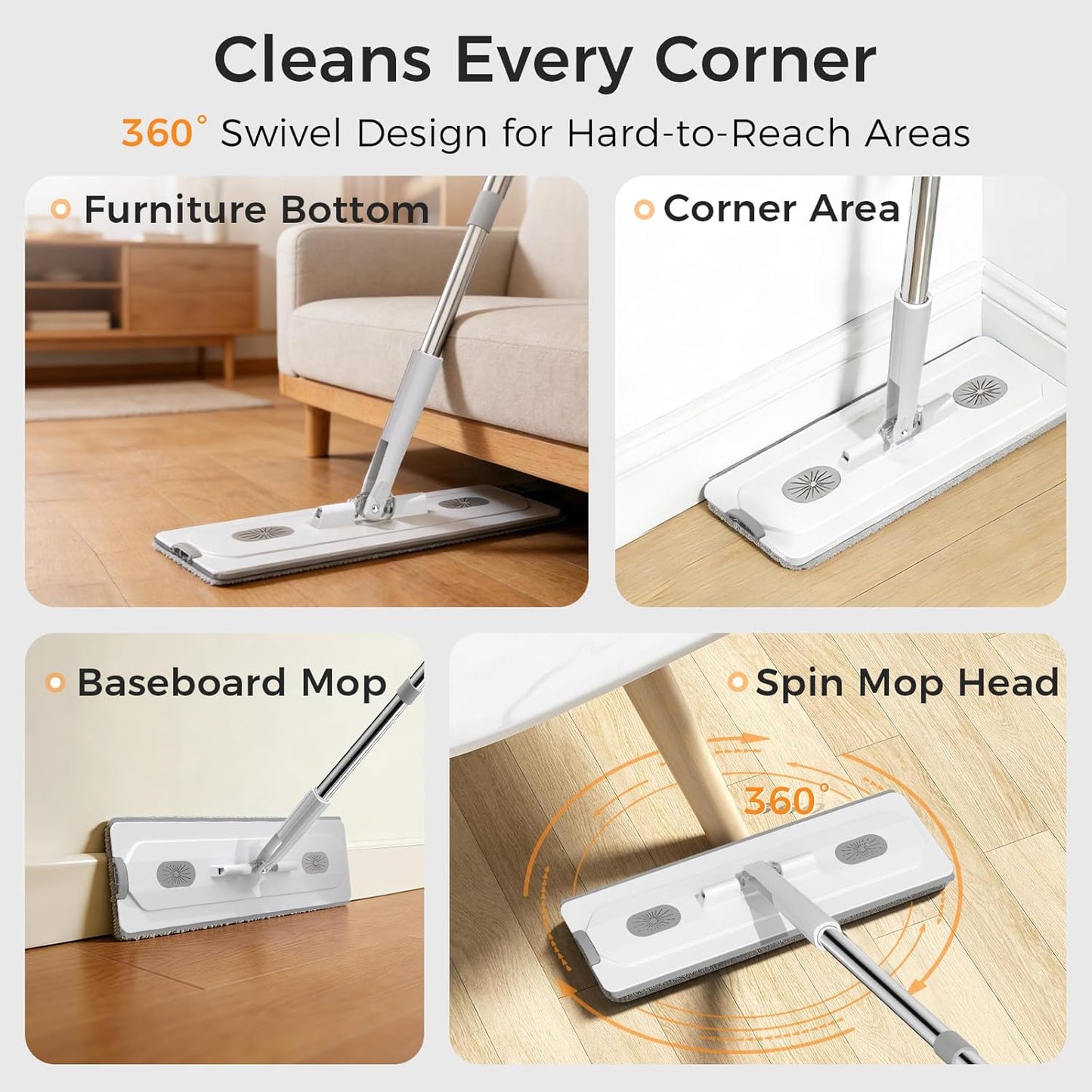 YASHE Mop and Bucket Set with Detachable Space-Saving Bucket, Mop for Floor Cleaning with Wringer, Wall Mop with 360° Rotating Mop Head, 2 Reusable Microfiber Mop Pads