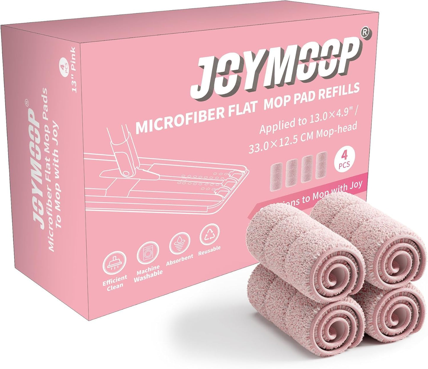 JOYMOOP 17.7-Inch Microfiber Flat Mop Replacement Pads – Washable Reusable Grey & Stripe, Pack of 4 Heavy-Duty Wet & Dry Refill for JOYMOOP Flat Mop & Bucket System