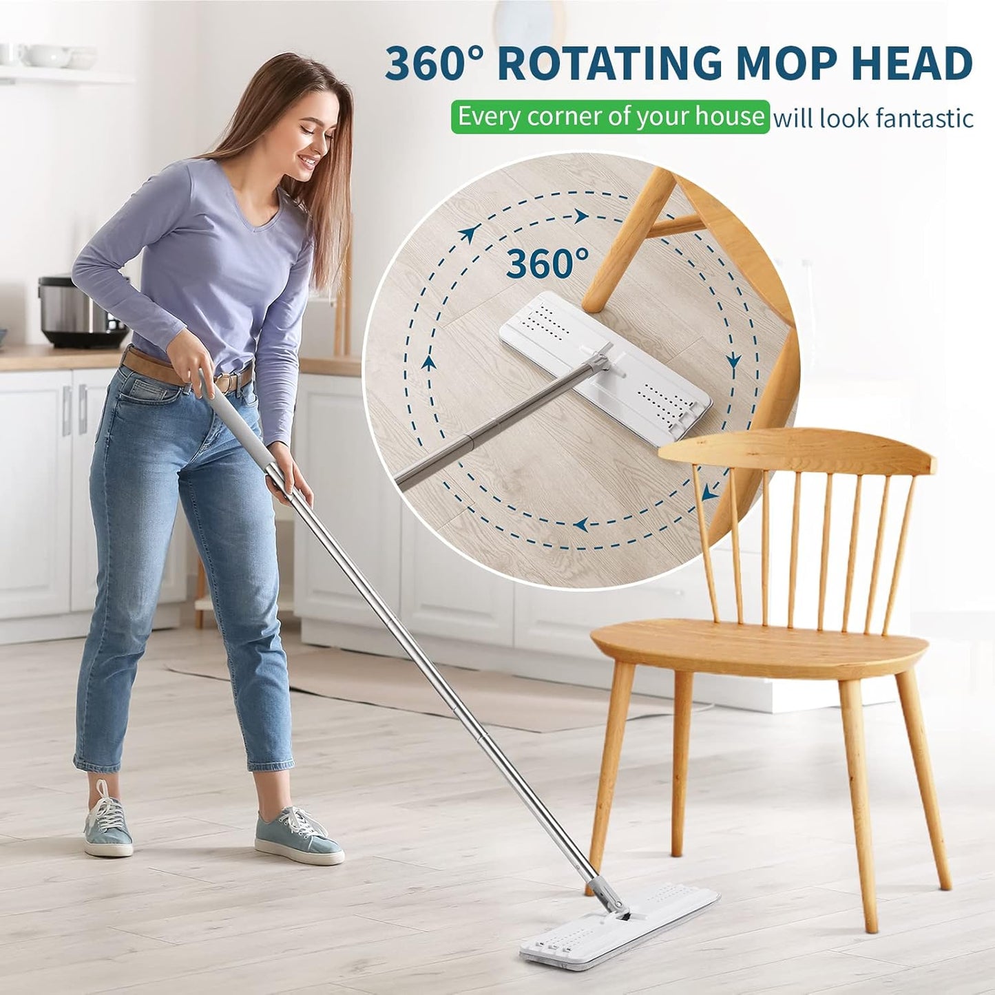 Oshang Flat Mop and Collapsible Bucket OG7 with Wheels, 2 Washable Reusable Microfiber Pads, Pure White