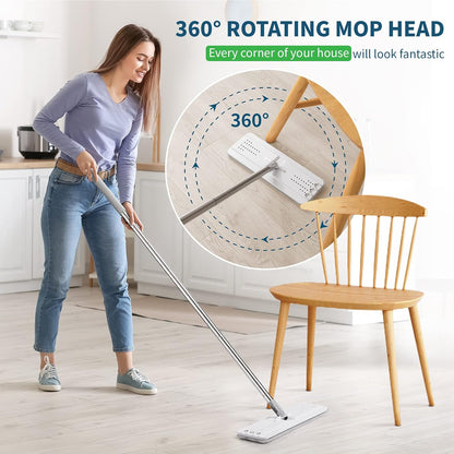 Oshang Flat Mop and Collapsible Bucket OG7 with Wheels, 2 Washable Reusable Microfiber Pads, Pure White