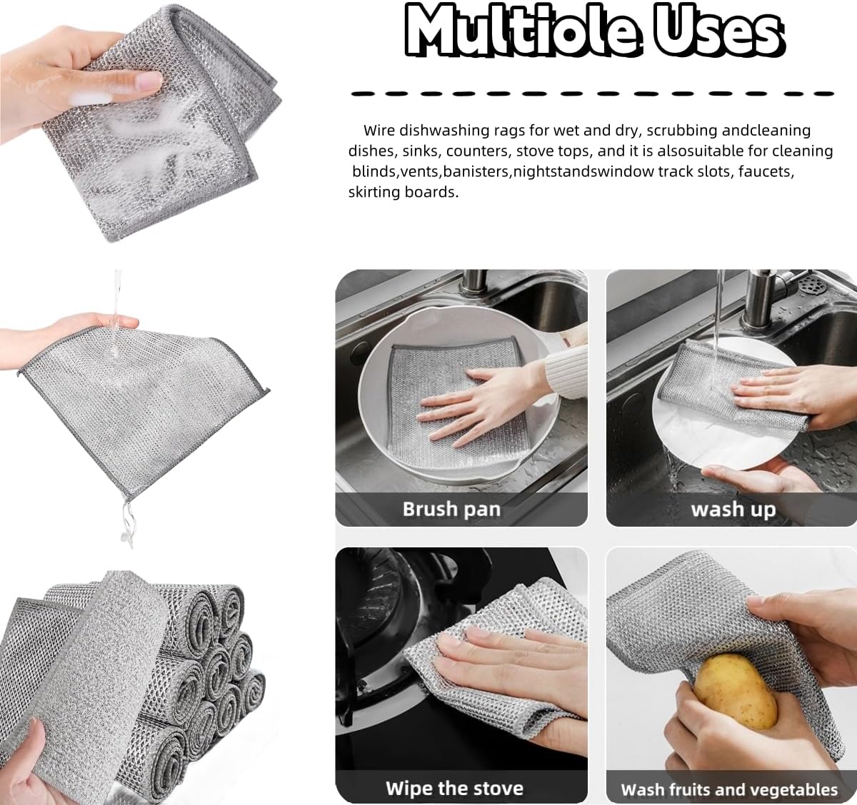 Stainless Steel Scrubber and Cleaning Rags - Non Scratch Wire Dishcloth for Washing Dishes, Steel Wool Scrubber and Dish Towels for Kitchen (6PCS)