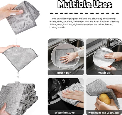 Stainless Steel Scrubber and Cleaning Rags - Non Scratch Wire Dishcloth for Washing Dishes, Steel Wool Scrubber and Dish Towels for Kitchen (6PCS)