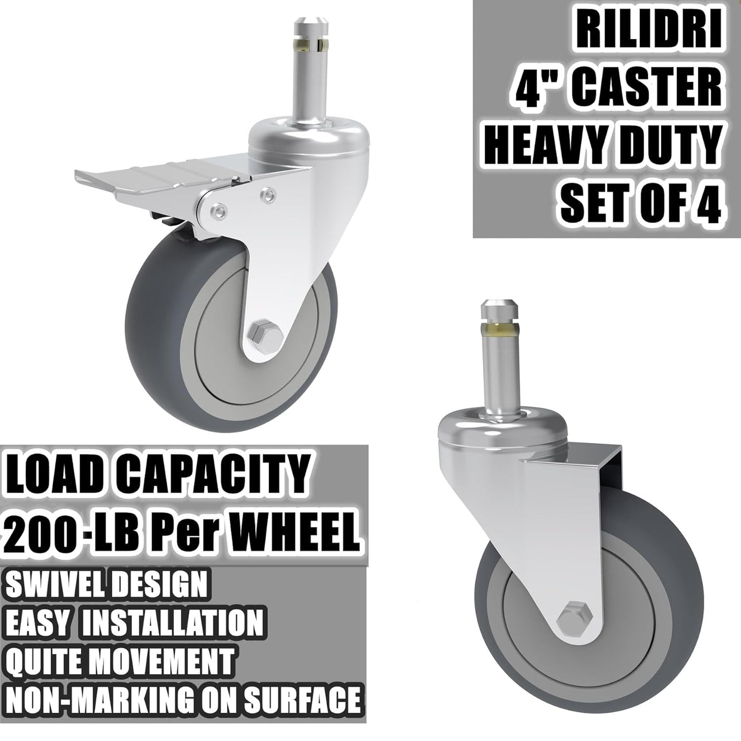RILIDRI 3-Inch Swivel Stem Caster for Rubbermaid Mop Bucket Utility Cart, 7/16-Inch Stem Diameter Rubber Wheel Set of 4, Heavy Duty TPR Weber Grills Shop Vac Replacement Wheels