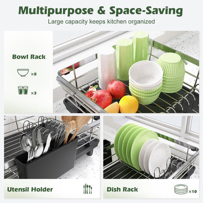 JASIWAY Dish Drying Rack in Sink, Expandable Stainless Steel Dish Drainers for Kitchen Counter, Dish Dryer Rack for Inside Sink, Over The Sink Dish Racks with Utensil Holder, Silver