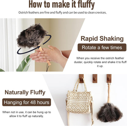 Ostrich Feather Duster 12 Inch Handheld Duster Supplies, Wooden Handle Feather Duster for Cleaning Keyboard Home Car Office (Champagne)