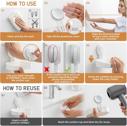 LEVERLOC Soap Holder Shower with Hooks, Bar Suction Cup Soap Dish Tray for Wall, Rust-Proof Stainless Steel Sponge Caddy for Bathroom Accessories Organizer Bathtub Kitchen Sink, Black