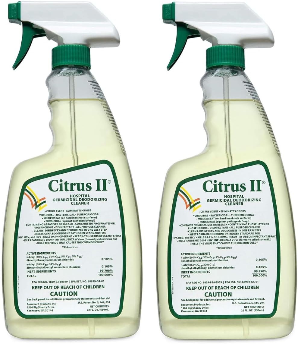 Citrus II Hospital Germicidal Deodorizing Cleaner - Fresh Citrus Scent - Disinfecting Spray- for Home, Hospital and Office Surfaces and Supplies - 22 Fl Oz - Pack of 2