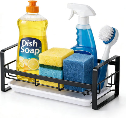 HULISEN Large Sponge Holder, 304 Stainless Steel Kitchen Soap Dispenser Caddy Organizer, Countertop Soap Dish Rack Drainer with Removable Drain Tray, not Including Dispenser and Brush, Silver