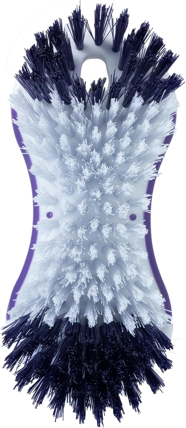 Fabuloso Cleaning Brush with Handle, Compact Handheld Household Scrub Brush for Kitchen, Bathroom, Baseboards, Tile and Floors, Firm Bristles for Indoor Surface Cleaning, White and Purple, 5.5 Inch