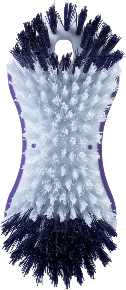 Fabuloso Cleaning Brush with Handle, Compact Handheld Household Scrub Brush for Kitchen, Bathroom, Baseboards, Tile and Floors, Firm Bristles for Indoor Surface Cleaning, White and Purple, 5.5 Inch