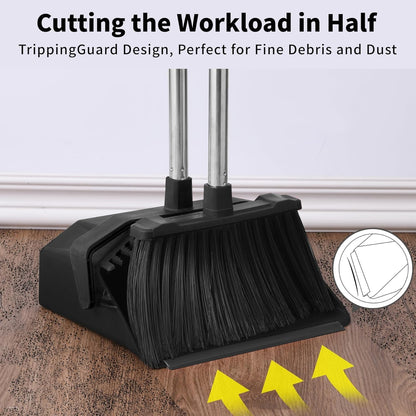 Tiumso Upgrade Broom with Dustpan Combo Set, Broom and Dustpan Set with 51'' Long Handle, Dust Pan and Brooms, ZeroGap Lip, Self-Cleaning Dustpans Teeth for Lobby Kitchen Restaurant - Black and Red