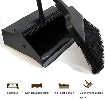 Broom with Dustpan Combo Set Outdoor Upright Dustpan and Broom Set with Long Handle Angle Broom and Dustpan Set for Garage Patio Courtyad Lobby Lawn Home Kitchen Ofiice