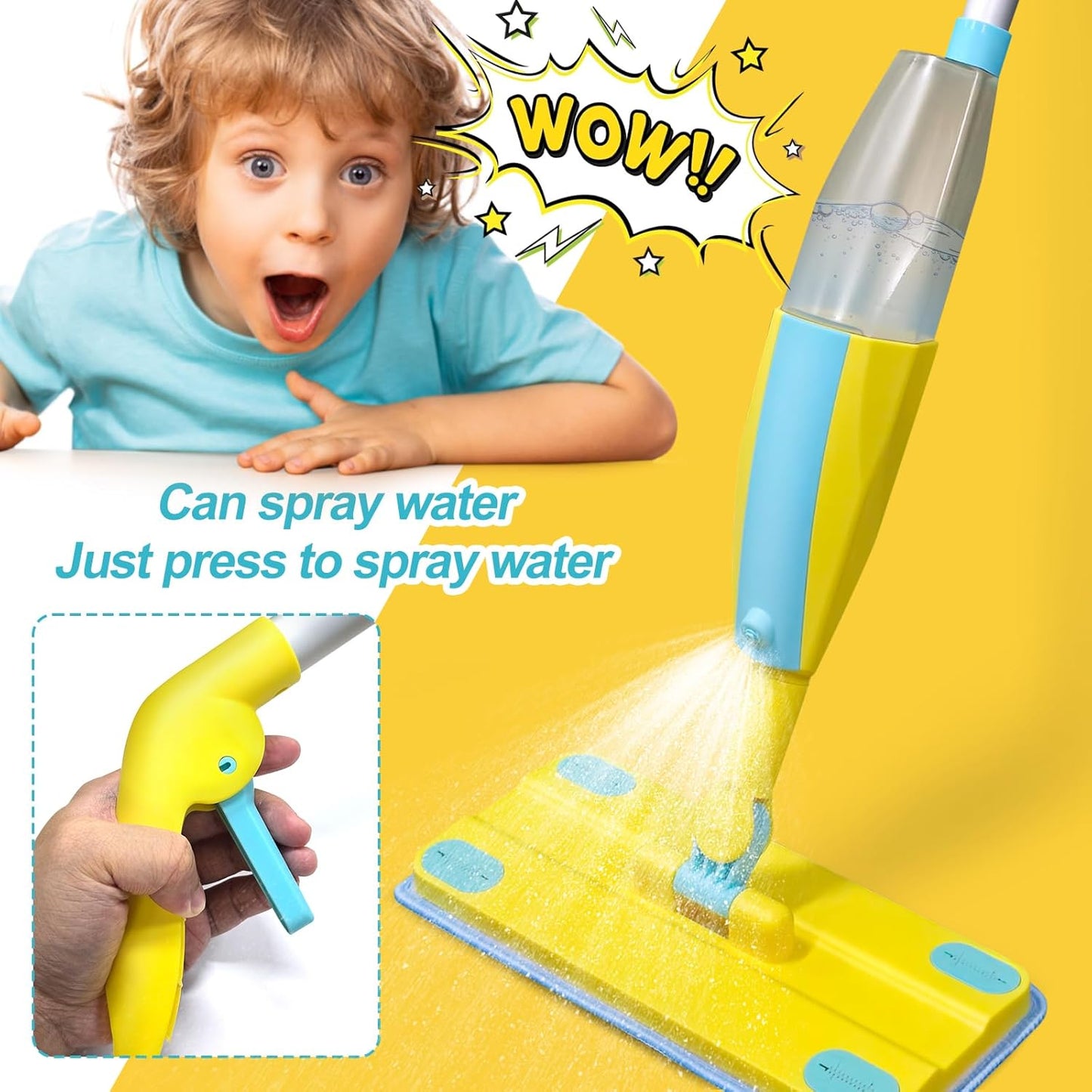 Spray Mop Kids Montessori Love Toy Set with Real Water Sprayer 3PCS Washable pads Squeeze Working Mini Size Kids Spray Mops Cleaning Toy Set That Really Work for Toddler 3-8 Floor Cleaning Dust