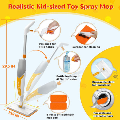 Kids Spray Mop Toy with 420ML Refillable Water Bottle, Montessori Toddler Cleaning Set for Real Floor Cleaning, Pretend Play Toy Housekeeping Kit with 2 Washable Microfiber Pads and Scraper, Orange