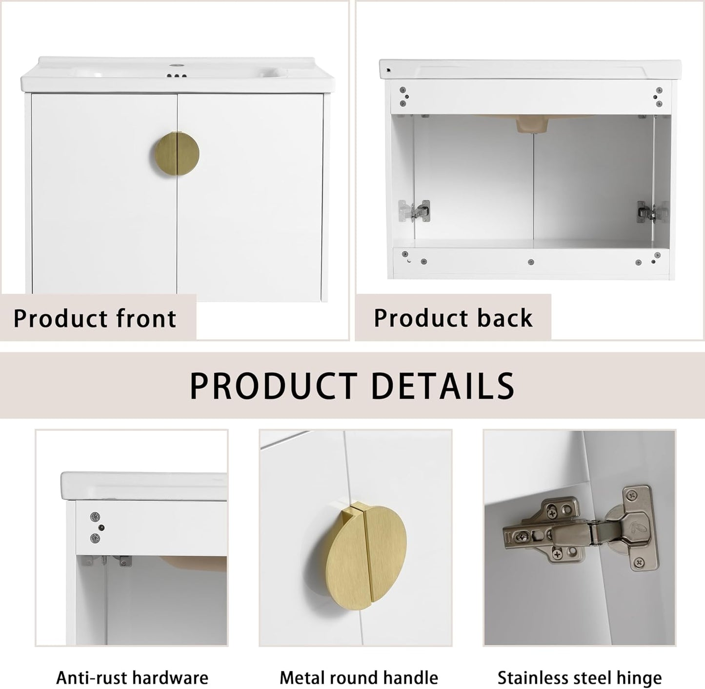 SSLine Modern 24-Inch Bathroom Vanity with Sink Wall Mounted Bathroom Vanity with Top Basin & Storage Cabinet White Wood Floating Vanity w/Ceramic Sink & Gold/Black Handles for Small Space