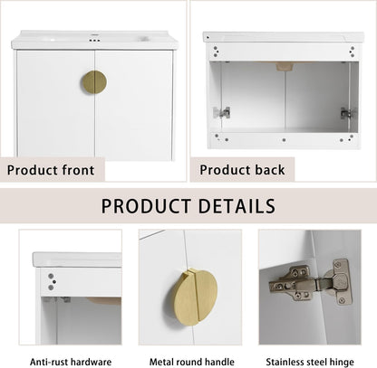 SSLine Modern 24-Inch Bathroom Vanity with Sink Wall Mounted Bathroom Vanity with Top Basin & Storage Cabinet White Wood Floating Vanity w/Ceramic Sink & Gold/Black Handles for Small Space