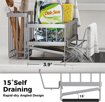 Sponge Holder for Kitchen Sink – Rustproof Stainless Steel with Detachable Drainboard, Brush Rack & Towel Bar | Compact, Non-Slip Design for Countertop Bathroom