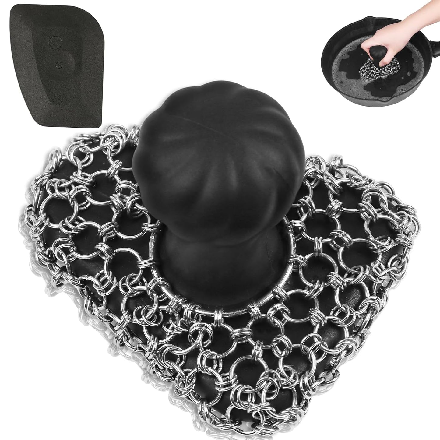 Cast Iron Scrubber with Pan Scraper, 316 Chainmail Scrubber, Upgraded Chain Mail Scrubber Sponge, Cast Iron Cleaner for Pan Skillet Wok Carbon Steel, Dutch Oven Metal Brush Cleaning Kit, Black
