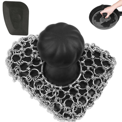 Cast Iron Scrubber with Pan Scraper, 316 Chainmail Scrubber, Upgraded Chain Mail Scrubber Sponge, Cast Iron Cleaner for Pan Skillet Wok Carbon Steel, Dutch Oven Metal Brush Cleaning Kit, Black
